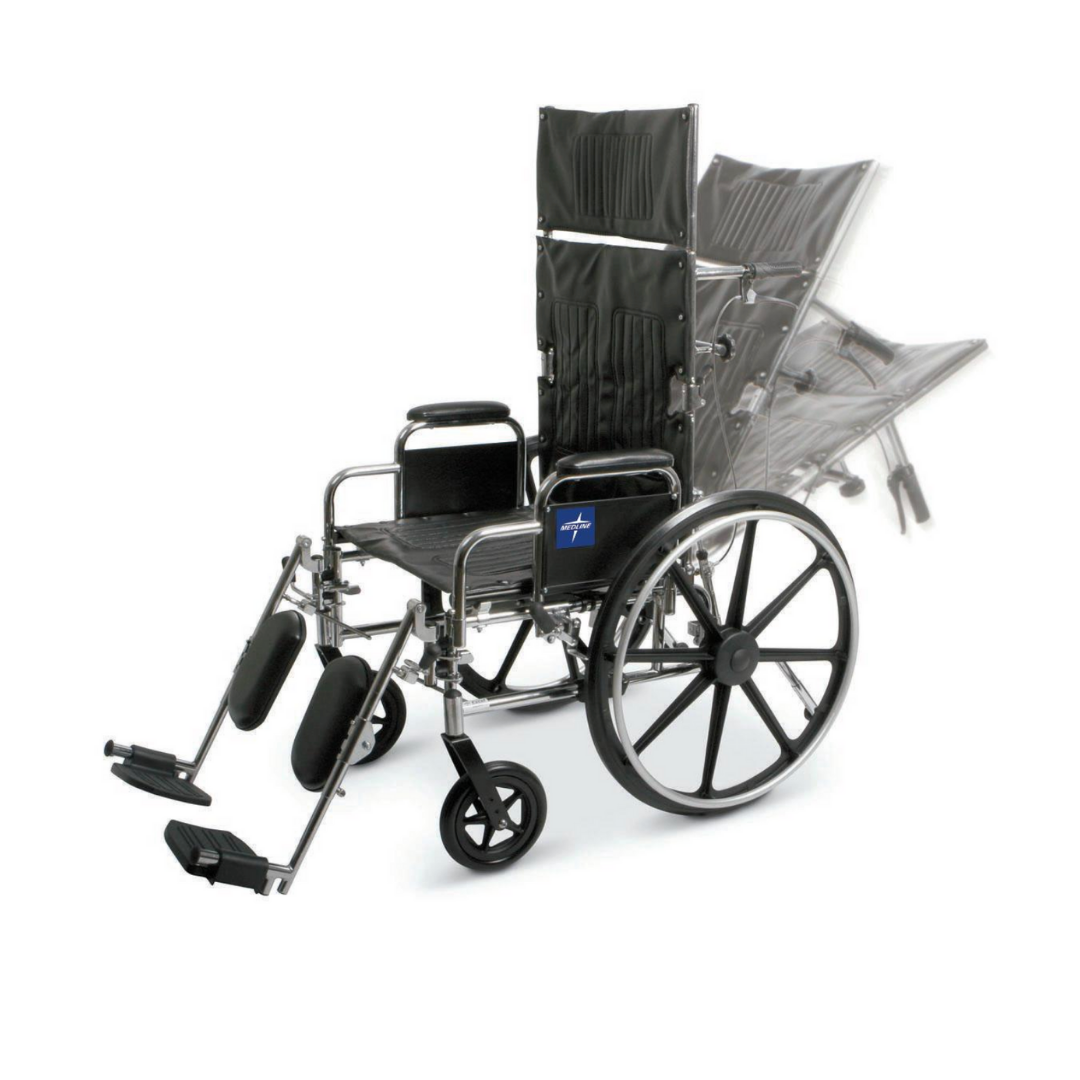 The Medline Excel Reclining Wheelchair features a black and silver design, footrests, large rear wheels, an adjustable backrest for multiple recline positions, and a durable steel frame.